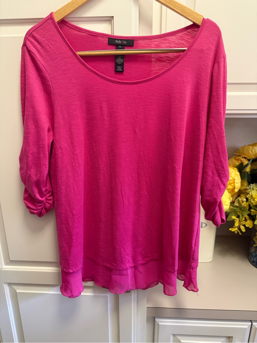 Style & Co. Hot Pink Scoop Neck Tunic with Ruched Sleeves